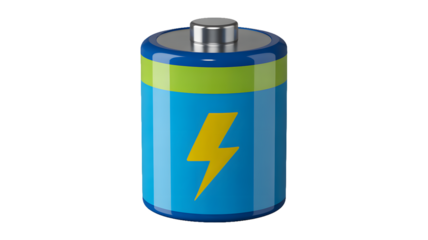 A single battery with a blue body and a yellow lightning bolt on it against a black background