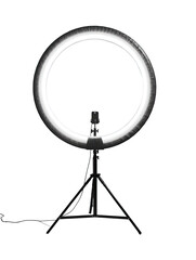 Ring light with tripod stand and microphone.  A circular, bright white light ring is mounted on a black tripod stand. A black microphone is positioned in the center of the ring.  Dark background