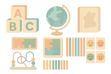 Pastel preschool education icons including alphabet blocks, globe, puzzles, emotion cards, and learning toys