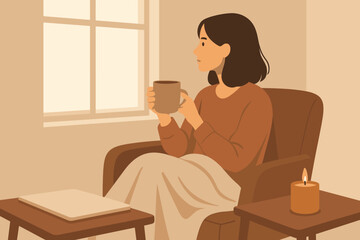 Cozy indoor scene with a woman sipping a warm drink while sitting in a comfortable chair near a window