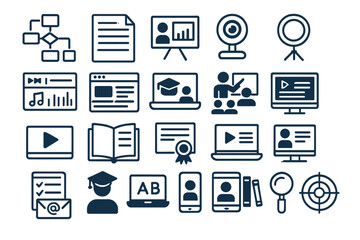 Various educational and digital learning icons depicting online resources, classes, and multimedia presentations