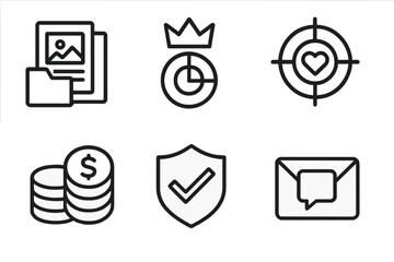 Visual icons representing digital content management, targeting, finance, and communication concepts in a modern design
