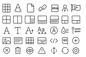 Collection of simple black line icons representing various design elements and actions used in digital interfaces