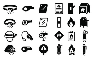 Collection of black and white icons representing safety equipment and fire-related tools for training and preparedness purposes