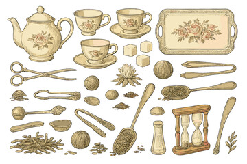 Vintage tea set illustration with teapot, floral teacups, serving tray, sugar cubes, tea leaves, scoops, tongs, hourglass timer, and loose-leaf tea accessories on warm background
