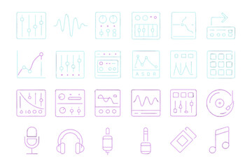Fototapeta premium Neon Gradient Music Production Icons Set Featuring Synths, Equalizers, Waveforms, Mixers, Microphone, and DJ Equipment
