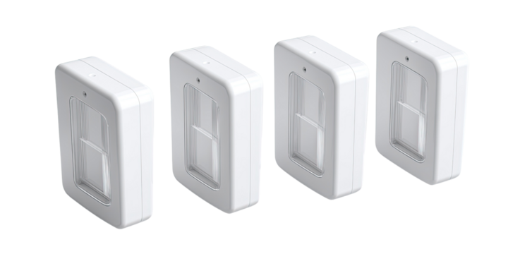 Four white rectangular security sensors