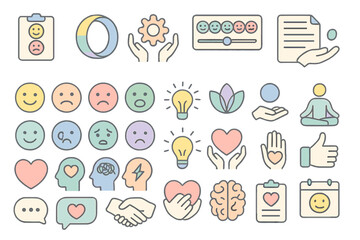 Fototapeta premium Collection of colorful icons representing emotions, mental health, and self-care activities in a modern digital design