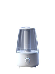 White, modern humidifier with clear, translucent bowl.  Compact, cylindrical design.  Features a circular control panel.  Visible internal misting mechanism