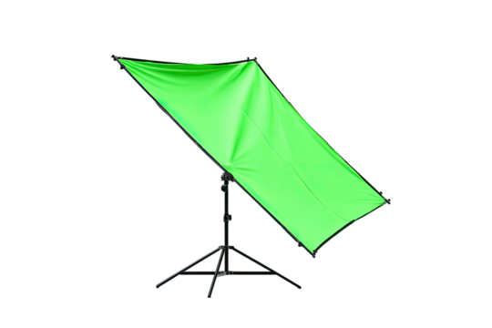 Bright green chroma key backdrop on a tripod stand