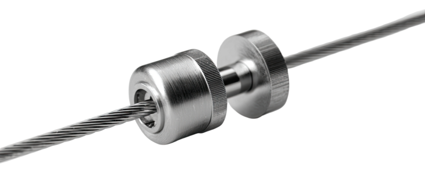 Close-up of a metal cable connector.  Two round metal parts connect a long, thin metal cable.  The parts appear to be brushed stainless steel.  The cable appears to be a strong, flexible metal wire