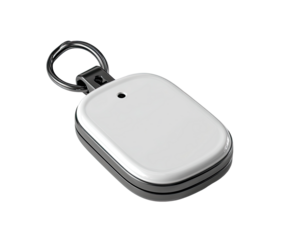 A small, white rectangular device with a metal keyring loop.  It's a key fob-style tracker