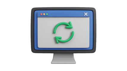 A computer screen displaying a green refresh icon on a white background in a stylized rendering