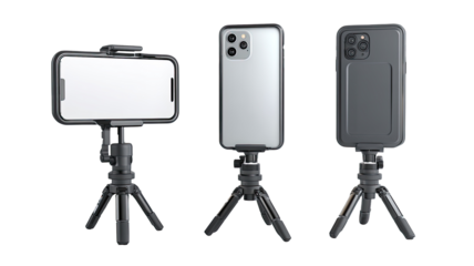 Three smartphone cases, each mounted on a tripod, showing different angles and colors