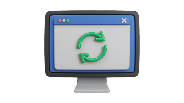A computer screen displaying a green refresh icon on a white background in a stylized rendering - Powered by Adobe