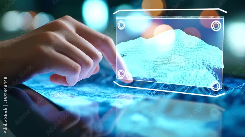 Poster modern industrial environment: scene of explore a futuristic 3d terrain map on a transparent tablet 