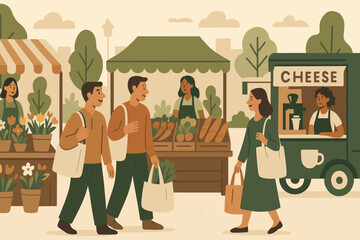 Local farmers market bustling with activity as shoppers explore fresh produce and artisan goods