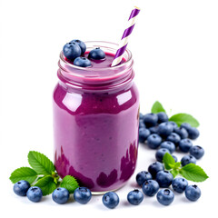 Blueberry smoothie in mason jar with straw, fruity tropical shake, organic vegan blend, healthy detox beverage, refreshing summer drink, isolated white background