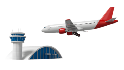 A white and red airplane flying near an airport control tower against a black background in a rendering