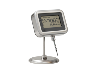 Digital thermometer with probe, mounted on stand