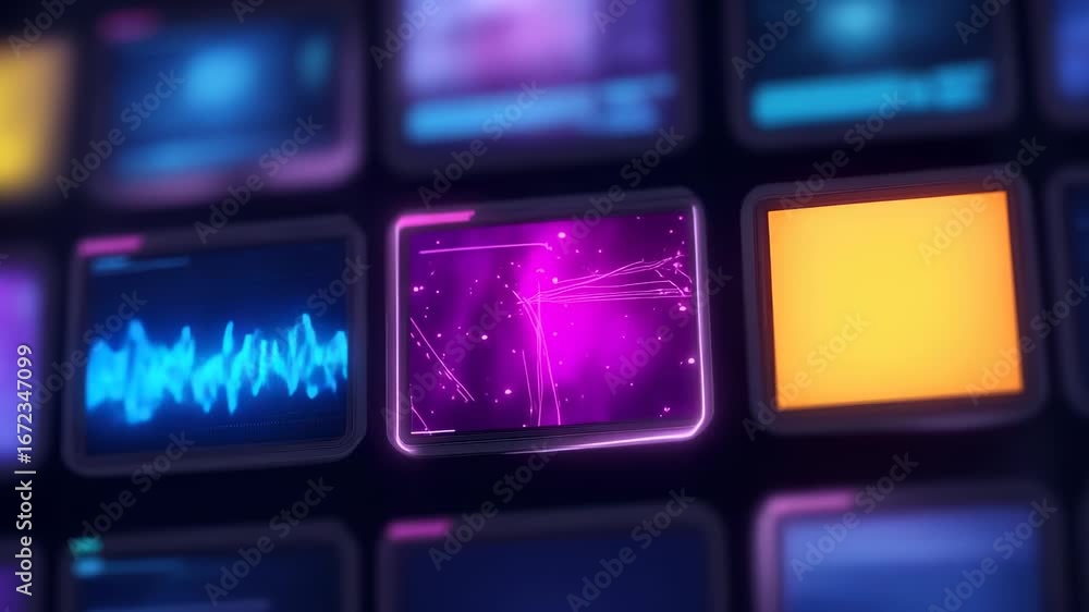 Aufkleber high-tech digital display screens presenting complex abstract graphic visualizations in vibrant blue
