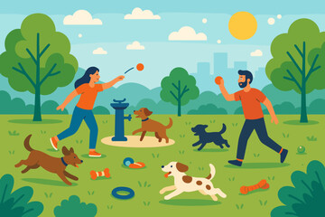 Fototapeta premium People playing with dogs in a sunny park during the afternoon hours