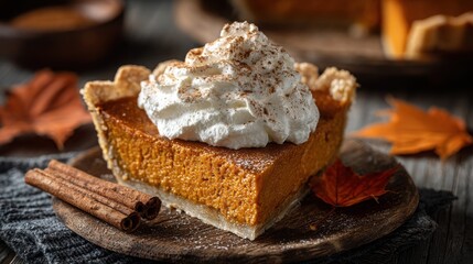 Delicious Slice of Pumpkin Pie with Fluffy Whipped Cream Creating a Cozy Autumn Vibe for Festive Gatherings and Family Moments