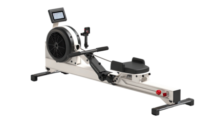 Modern, light gray indoor rowing machine with a digital display