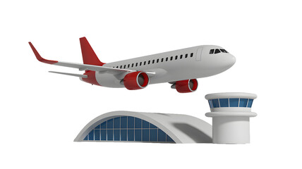 Fototapeta premium Airplane flying over airport terminal with control tower in a rendered image on a black background