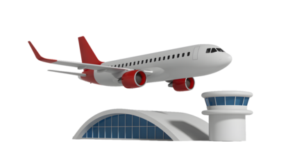 Airplane flying over airport terminal with control tower in a rendered image on a black background