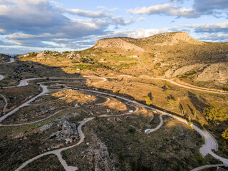 Aerial landscape windy roads near Nafplio at Karathona Beach winter in Mediterranean Greece