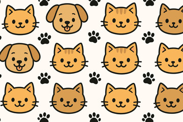 Fototapeta premium Playful patterns featuring cute dog and cat faces on a light background with paw prints