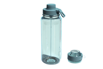 Light teal-blue plastic water bottle with cap