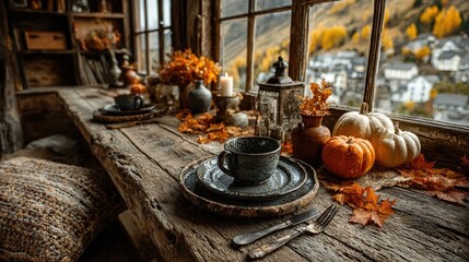 Chic Rustic Thanksgiving Table Setting Flat Lay on Weathered Wood Showcasing Seasonal Decor for Memorable Family Dinners and Heartfelt Connections
