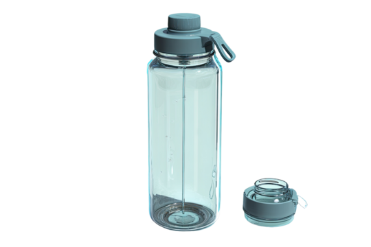 Light teal-blue plastic water bottle with cap