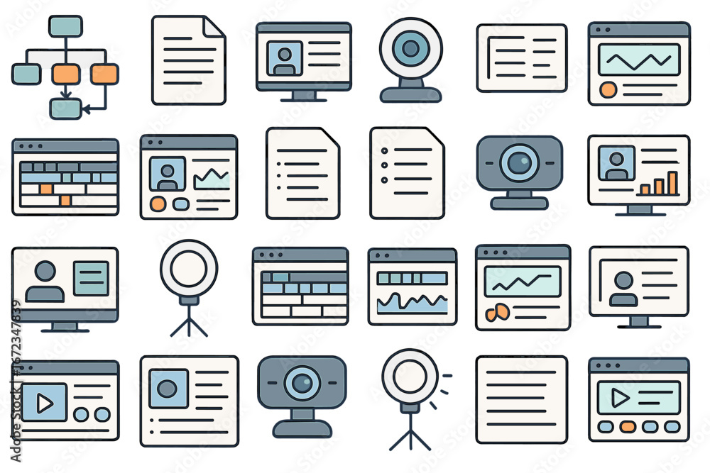 Aufkleber collection of digital elements representing online communication and data visualization in a modern 