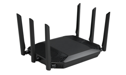 Top-down view of a dark gray wireless router with four antennas