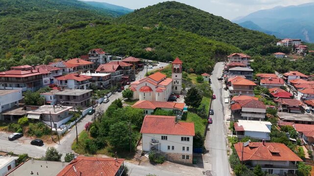Aerial Drone Circling Shot Of Saint Eleutherius Greek Orthodox Church In Platamon, Pieria, Greece On A Sunny Summer Afternoon.