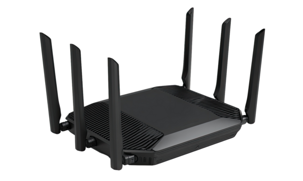 Top-down view of a dark gray wireless router with four antennas