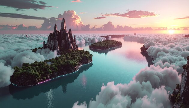 _AI-generated fantasy landscape with floating islands, glowing rivers, surreal skies .