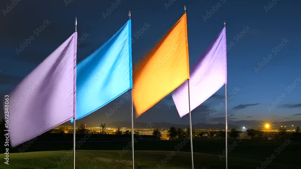 Poster modern industrial environment: scene of color guard team practices their routine under the soft glow