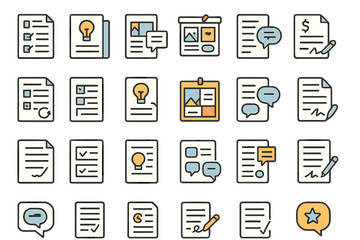 Collection of various icons representing documents, notes, and communication tools in a minimalistic style