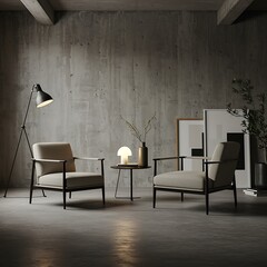 Modern Interior Design with Two Armchairs Concrete Wall and Ambient Lighting Creating a Stylish and Comfortable Living Space