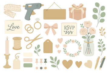 Crafting supplies and decorations for a wedding or event planning project using pastel colors and various materials