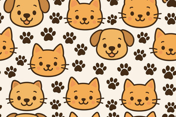 Obraz premium Cute animal pattern featuring playful cats and dogs with paw prints in a colorful design