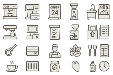 Tools and equipment for managing a coffee shop featuring brewing devices, order systems, and kitchenware