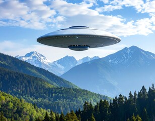 A classic flying saucer hovers silently over a majestic mountain range, the pristine snow-capped peaks contrasting with the lush green valleys below
