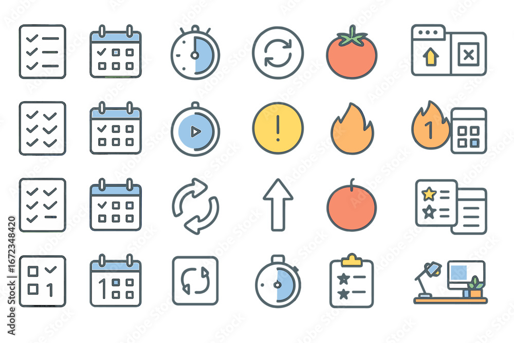 Aufkleber design elements showcasing various icons representing time management, productivity, and task organi
