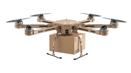 Drone carrying a package.  A drone, featuring six rotors,  is seen  carrying a cardboard box.  Drone and package are light tan/beige.  The drone's frame is a dark greyish-brown