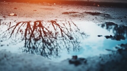 Reflection of bare trees in a puddle during sunset after rain